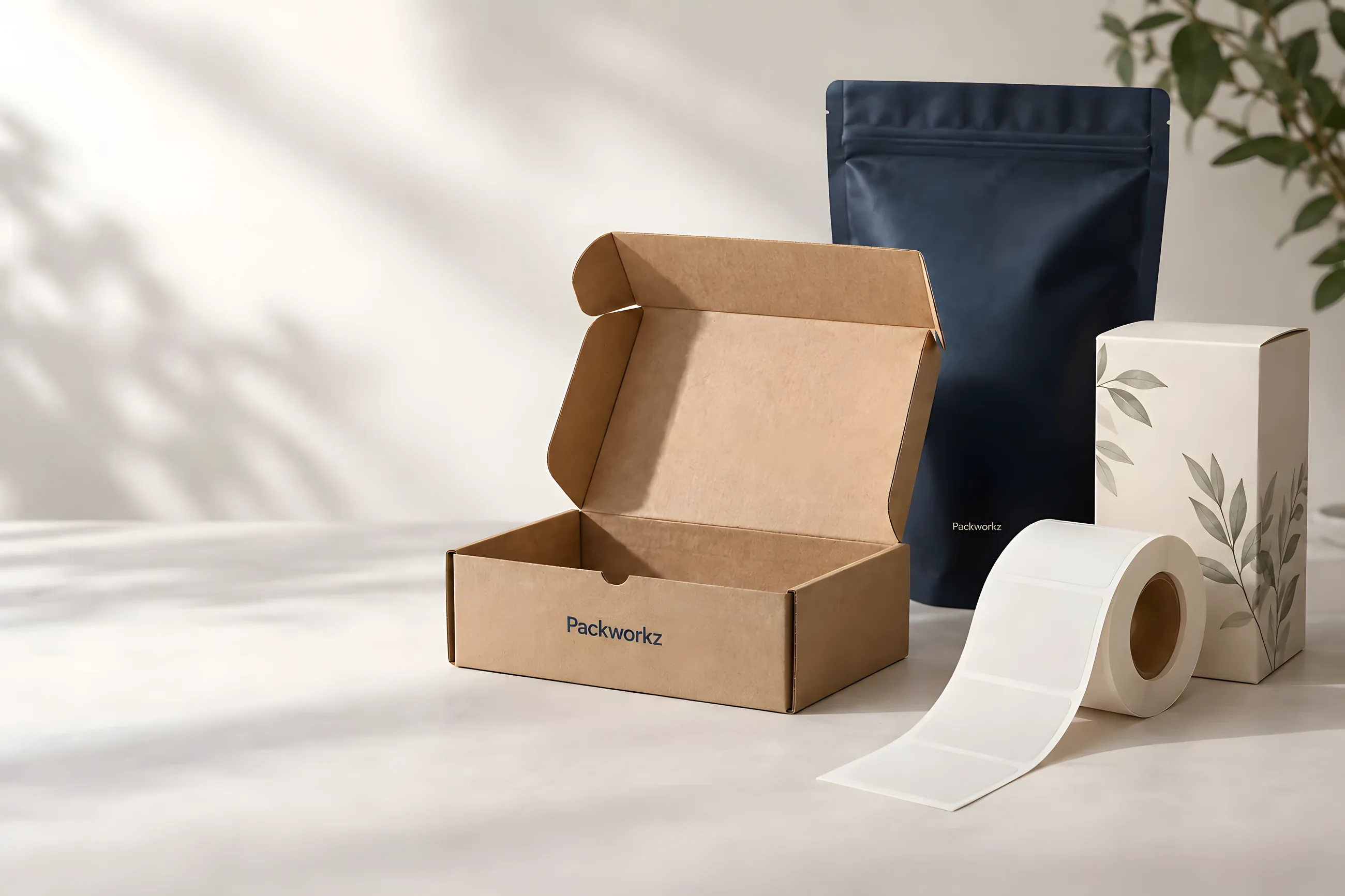 Packworkz mailer box, navy pouch, folding carton and label roll in a sunlit packaging still-life