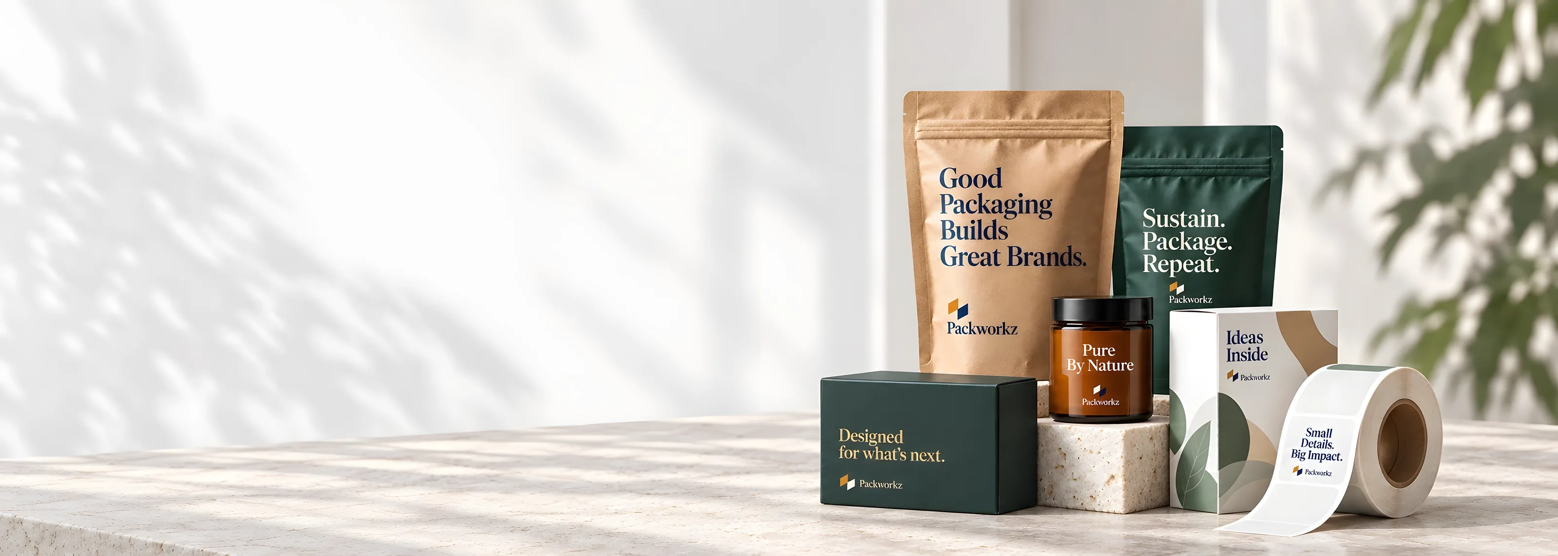 Stand-up pouches, carton, jar, rigid box and label roll representing Packworkz packaging capabilities